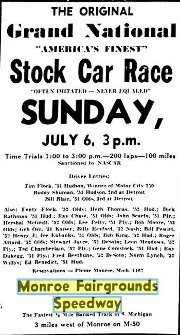 Monroe Fairgrounds Speedway - July 5 1952 Ad (newer photo)